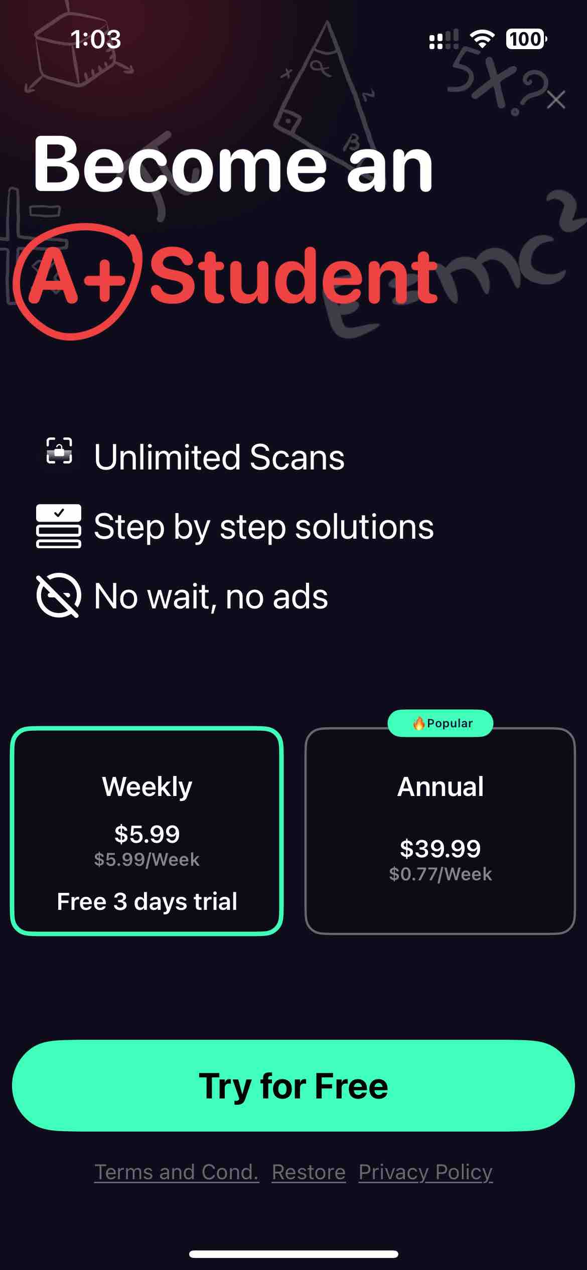 Math AI: Problem Solver Helper | Paywall Screenshot ($50K/mo)