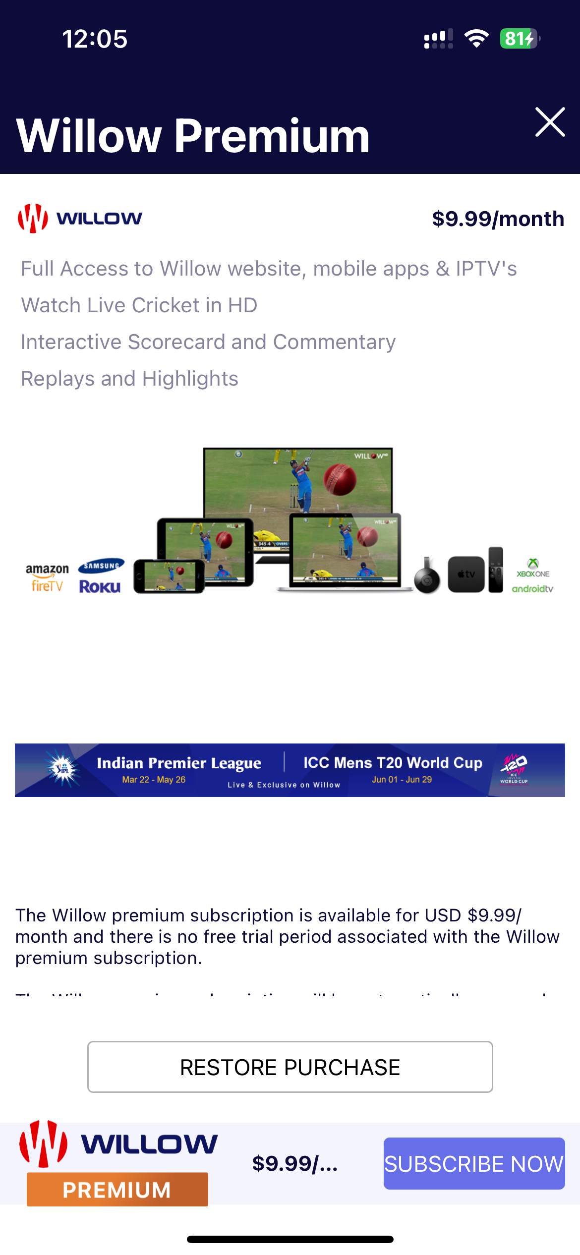 Willow - Watch Live Cricket