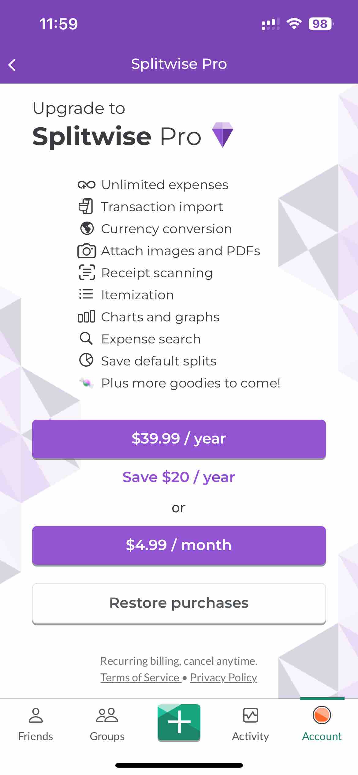 Splitwise Paywall Screenshot 200K mo 